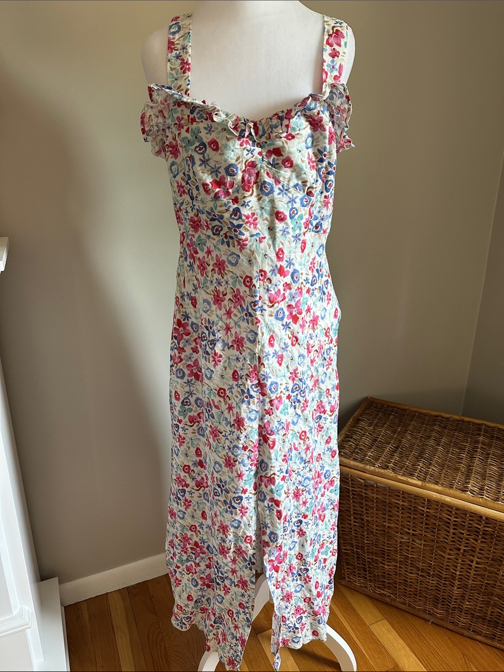 Zara Floral Midi Dress with Ruffle Trim, Sz L